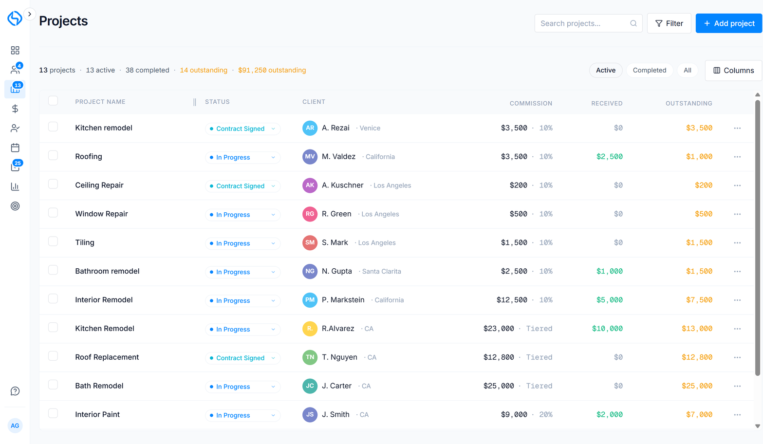 SaleTrakk projects — commission per job